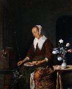 Gabriel Metsu Woman feeding a cat Spain oil painting artist